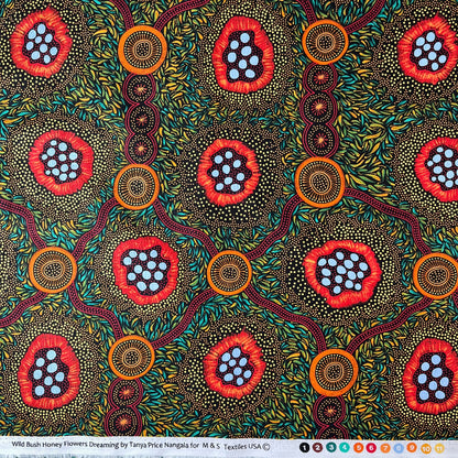 A close-up of patterned fabric . The fabric has a black background covered in dense yellow and green leaf-like dots, with three large circular floral or abstract medallion motifs in red, orange, and light blue.