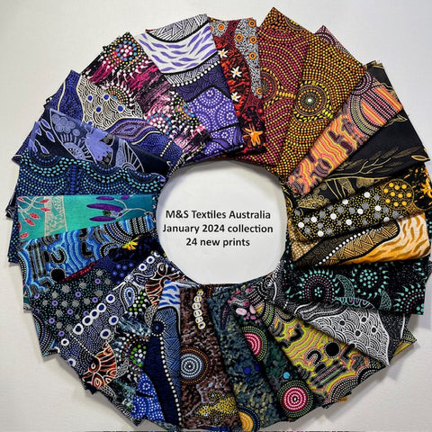 A Fat Quarter bundle comprising all of the 100 % cotton fabrics in the new M&S Textiles collection for January 2024, designed by talented Aborigine artists.
