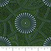 Kangaroo Path 2 Rayon in green&nbsp; is a dynamic design of circles in soft greens, white and yellow on a charcoal background.