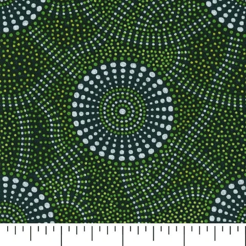 Kangaroo Path 2 Rayon in green&nbsp; is a dynamic design of circles in soft greens, white and yellow on a charcoal background.