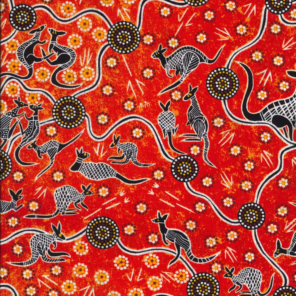 Kangaroo Dreaming 2 red by G.I. Waitairie features black and white adorned kangaroos on a brilliant red background with delightful orange flowers.