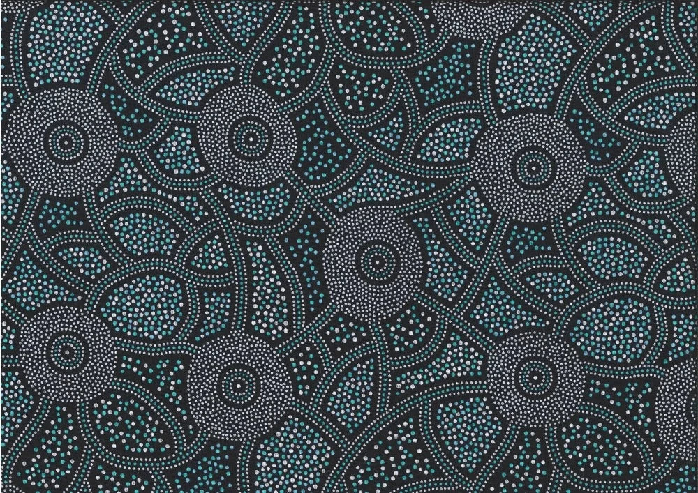  The intricate green and white dot design on a black background is printed on high-quality 100% fine cotton from India, offering a soft hand and limitless possibilities for quilting, clothing, and home decor. 