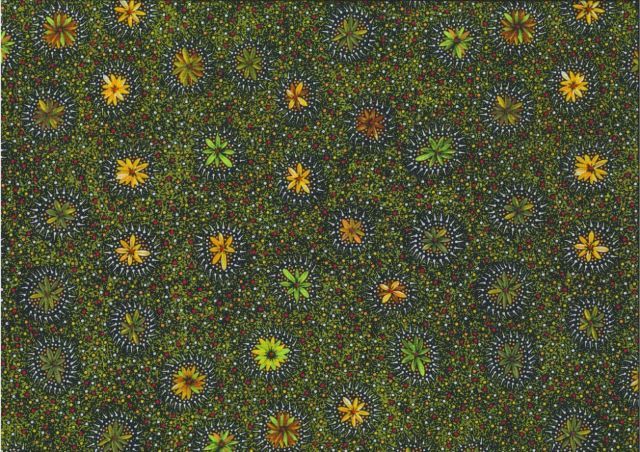 Kangaroo in the Forest gold by Roseanne Morton is a delightful design of flowers in yellow and green on a greenish golden background.