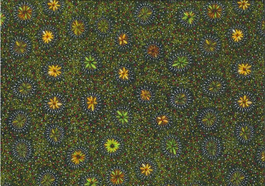 Kangaroo in the Forest gold by Roseanne Morton is a delightful design of flowers in yellow and green on a greenish golden background.