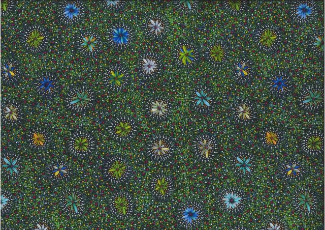 Kangaroo in the Forest multi by Roseanne Morton is a delightful design of flowers in blue, grey and green on a greenish background.