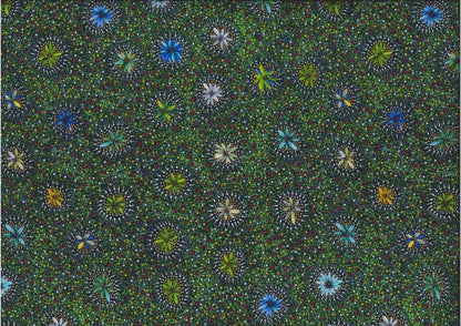Kangaroo in the Forest multi by Roseanne Morton is a delightful design of flowers in blue, grey and green on a greenish background.