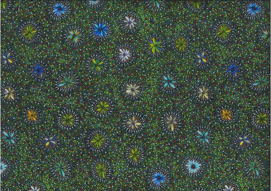 Kangaroo in the Forest multi by Roseanne Morton is a delightful design of flowers in blue, grey and green on a greenish background.