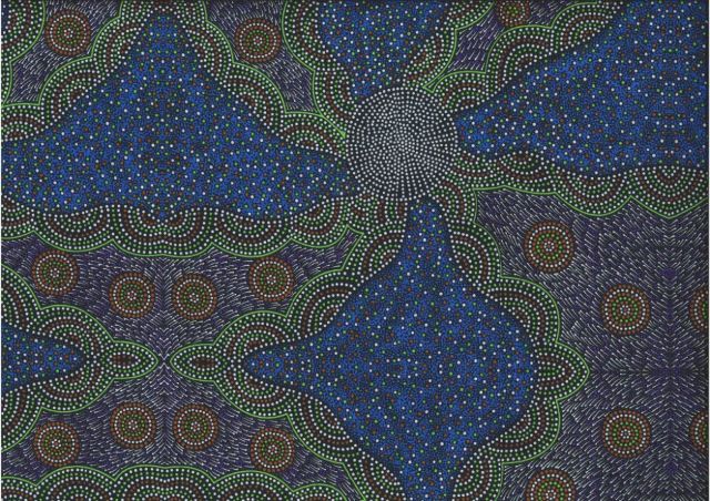 Kangaroo Grass & Waterhole blue by Roseanne Morton is a large-scale aboriginal design in blues, greens and reds on a blue background. 