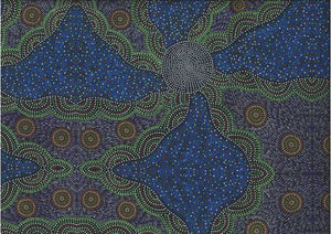 Kangaroo Grass & Waterhole blue by Roseanne Morton is a large-scale aboriginal design in blues, greens and reds on a blue background. 