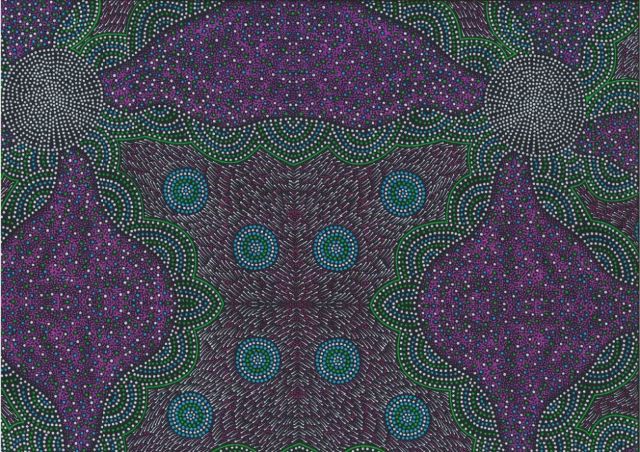 Kangaroo Grass & Waterhole purple by Roseanne Morton is a large-scale aboriginal design in purple, greens and white on a dark background.