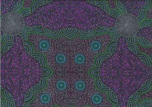 Kangaroo Grass & Waterhole purple by Roseanne Morton is a large-scale aboriginal design in purple, greens and white on a dark background.