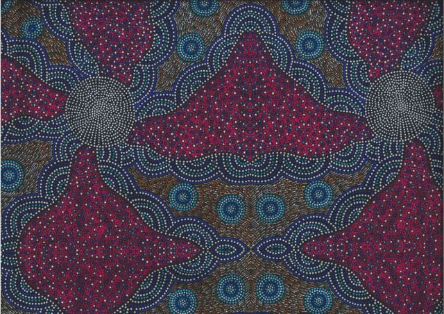 Kangaroo Grass & Waterhole red by Roseanne Morton is a large-scale aboriginal design in red and blue on a bush colored dark background. 