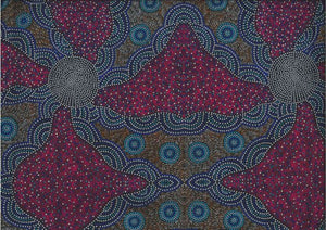 Kangaroo Grass & Waterhole red by Roseanne Morton is a large-scale aboriginal design in red and blue on a bush colored dark background. 