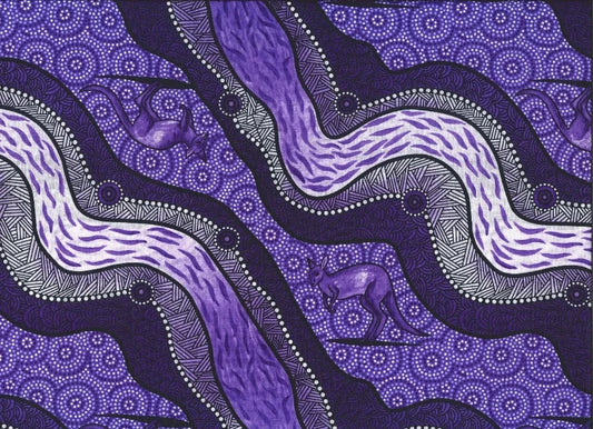 Kangaroo River Camp Black Purple is a flowing design of River and Kangaroos in luminescent shades of purple, accented by black.