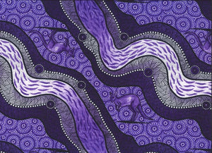 Kangaroo River Camp Black Purple is a flowing design of River and Kangaroos in luminescent shades of purple, accented by black.