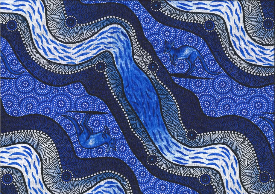 Kangaroo River Camp Ink is a flowing design of River and Kangaroos in luminescent shades of inky blues, accented by dark navy blue and whites. 