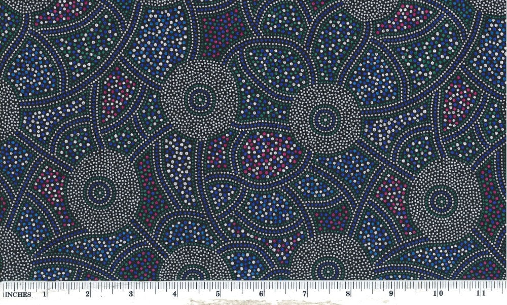 striking combination of white, red, green, and blue dots against a black canvas is skillfully printed on delicate Indian cotton, offering endless possibilities for quilting, fashion, and home decor