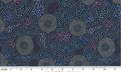  striking combination of white, red, green, and blue dots against a black canvas is skillfully printed on delicate Indian cotton, offering endless possibilities for quilting, fashion, and home decor