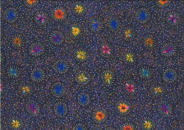 Kangaroo in the Forest brown by Roseanne Morton is a delightful design of flowers in blue, pink and yellow on a brown background.
