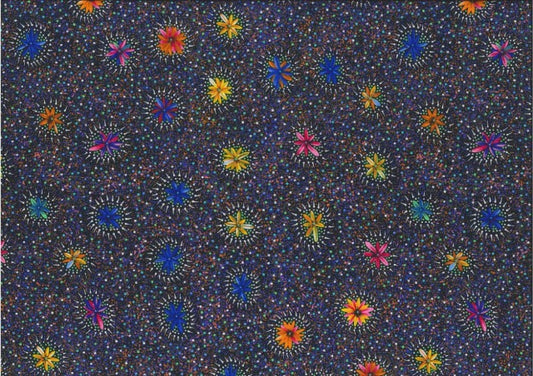 Kangaroo in the Forest brown by Roseanne Morton is a delightful design of flowers in blue, pink and yellow on a brown background.