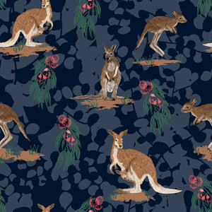 Kangaroos and Joeys realistically depicted in brown/tan on a charcoal and dark gray background, with accents in bush green and orange.