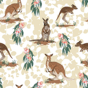 Kangaroos and Joeys realistically depicted in brown/tan on a cream and beige&nbsp; background, with accents in bush green and orange.