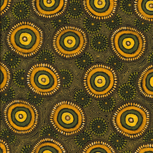 Golden circles surrounded by yellow dots represent waterholes, olive shapes and lines between the waterholes on a black background complete the design.