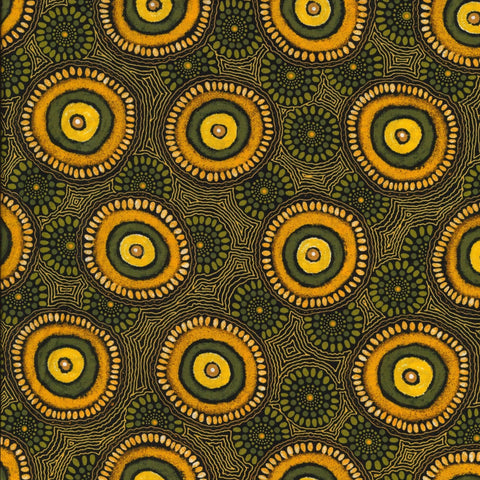 Golden circles surrounded by yellow dots represent waterholes, olive shapes and lines between the waterholes on a black background complete the design.