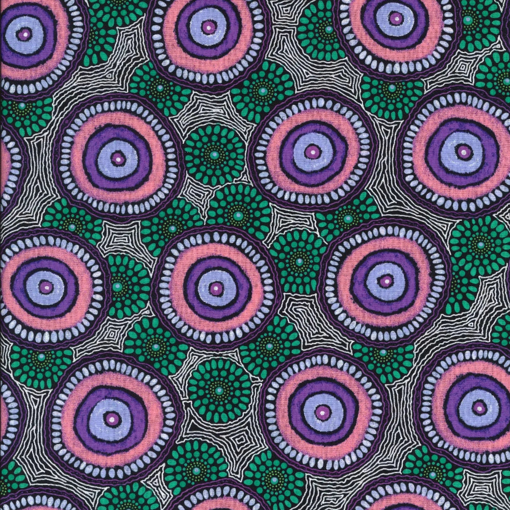  Pink and purple circles surrounded by purple dots represent waterholes, emerald shapes and white lines between the waterholes on a black background complete the design. 