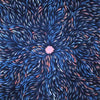 A close-up of a patterned fabric featuring a central pink flower-like motif surrounded by radiating blue, navy, and pink brushstroke lines.