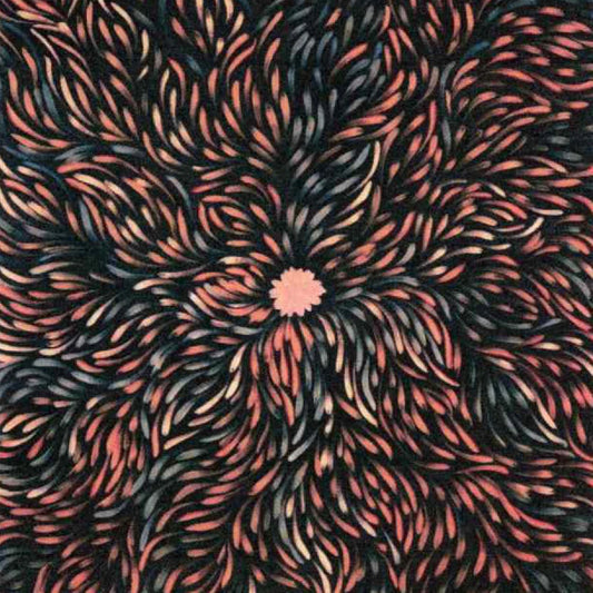 A close-up of a fabric pattern featuring a central peach flower surrounded by radiating yellow, greyish-green, coral-red, and peach brush strokes on a black background