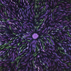 A close-up of a textured fabric featuring a central purple flower surrounded by radiating, curved petal-like lines in purple, violet, and green on a dark background.