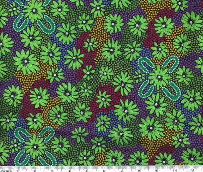 Lemon Grass green by Sharon Pettharr Briscoe is an aboriginal design of green flowers on a background of purple, yellow and blue.