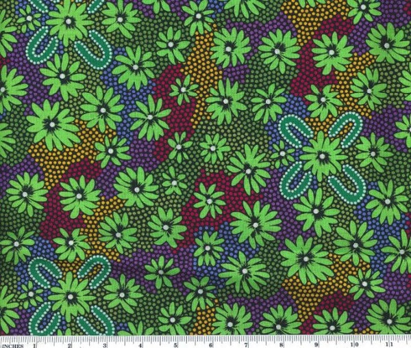 Lemon Grass green by Sharon Pettharr Briscoe is an aboriginal design of green flowers on a background of purple, yellow and blue.