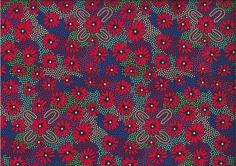Lemon Grass red by Sharon Pettharr Briscoe is an aboriginal design of red flowers on a background of purple, blue and white. 