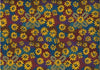 Lemon Grass yellow by Sharon Pettharr Briscoe is an aboriginal design of yellow flowers on a background of blue, purple and rust. 