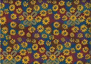 Lemon Grass yellow by Sharon Pettharr Briscoe is an aboriginal design of yellow flowers on a background of blue, purple and rust. 