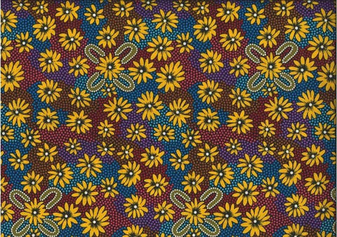 Lemon Grass yellow by Sharon Pettharr Briscoe is an aboriginal design of yellow flowers on a background of blue, purple and rust. 