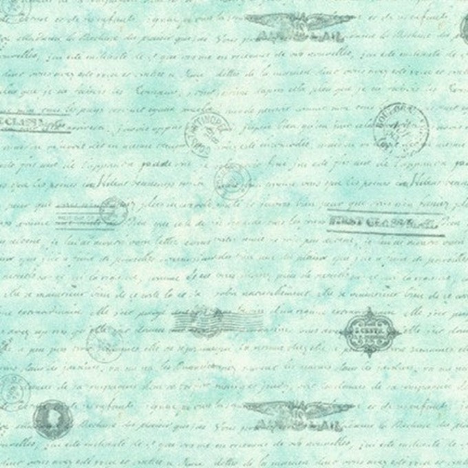 Library of Rarities - Dusty Blue is a charming design, handwritten lines in French, Postage stamps and signatures in dark grey on a dusty blue background make it an ideal quilting fabric, but also for garments, bags or home decor. 