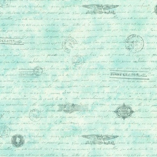 Library of Rarities - Dusty Blue is a charming design, handwritten lines in French, Postage stamps and signatures in dark grey on a dusty blue background make it an ideal quilting fabric, but also for garments, bags or home decor. 