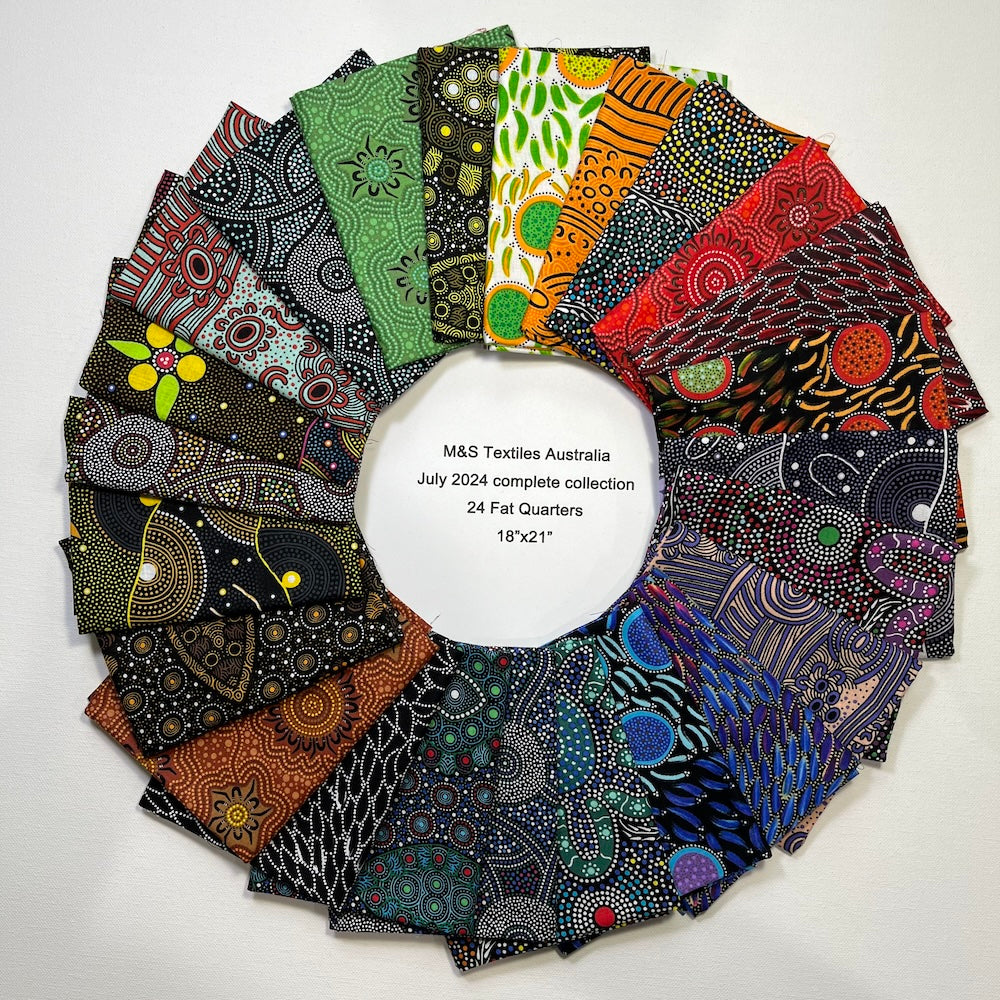 A Fat Quarter bundle comprising all of the 100 % cotton fabrics in the new M&amp;S Textiles collection for July 2024, designed by talented Aborigine artists. 