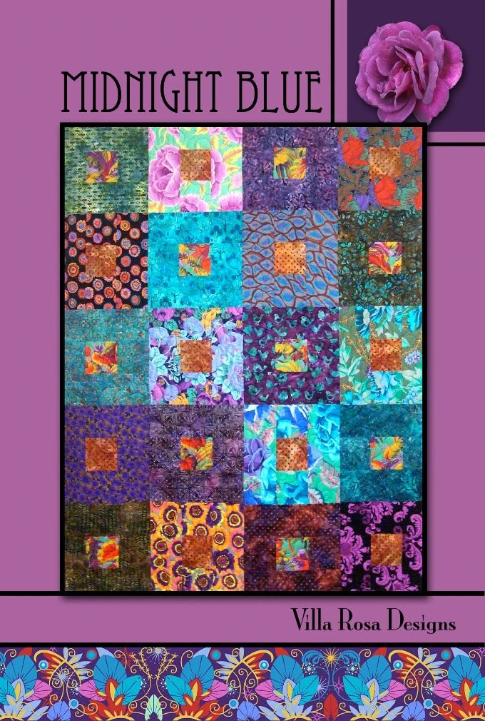 Midnight Blue quilt pattern uses 5" strips or fat quarters to create blocks with a center that is the same in all block to create a pleasing quilt, set 4x5 blocks.