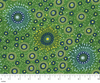 Onion Dreaming 2 Rayon in blue is a striking design of circles in white, yellow and navy blue on a green background.&nbsp;