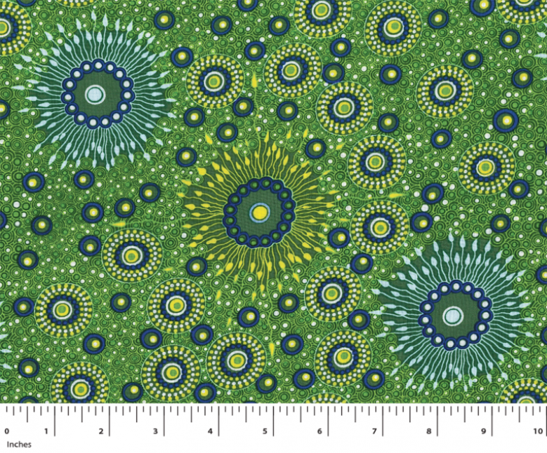 Onion Dreaming 2 Rayon in blue is a striking design of circles in white, yellow and navy blue on a green background.&nbsp;