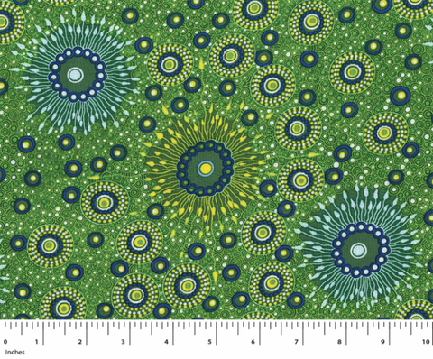Onion Dreaming 2 Rayon in blue is a striking design of circles in white, yellow and navy blue on a green background.&nbsp;