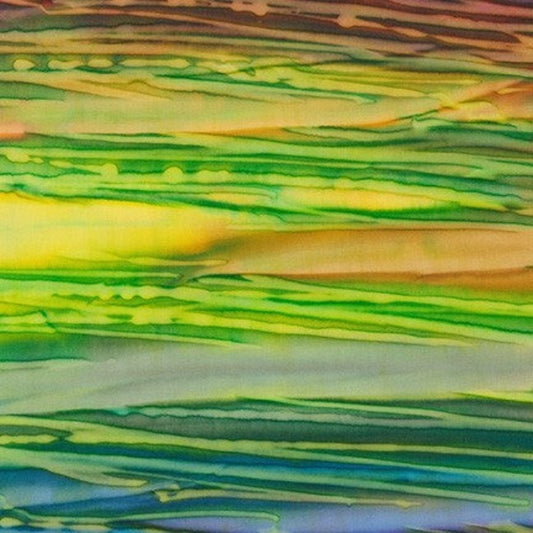 Luminous handpainted stripes in lime green, yellow, blues and browns run from selvage to selvage. 