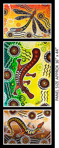 Platypus, Dragonfly and Crocodile is a 16" panel design by the aboriginal artist Chern'ee Sutton, in shades of chocolate, orange, green, red and yellow. 