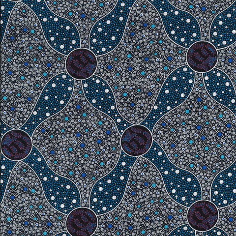 Red Flower with Honey, blue, by Samantha McCormack is a medium size design of stylized flowers in blues.