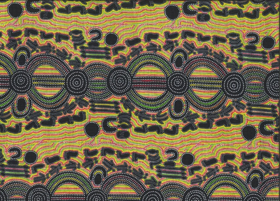 Rock Wallaby Dreaming green Australian fabric designed by Sandra Wayne is an entertaining design in lime green, orange and yellow, with black accents featuring Rock Wallaby and human footprints in black.