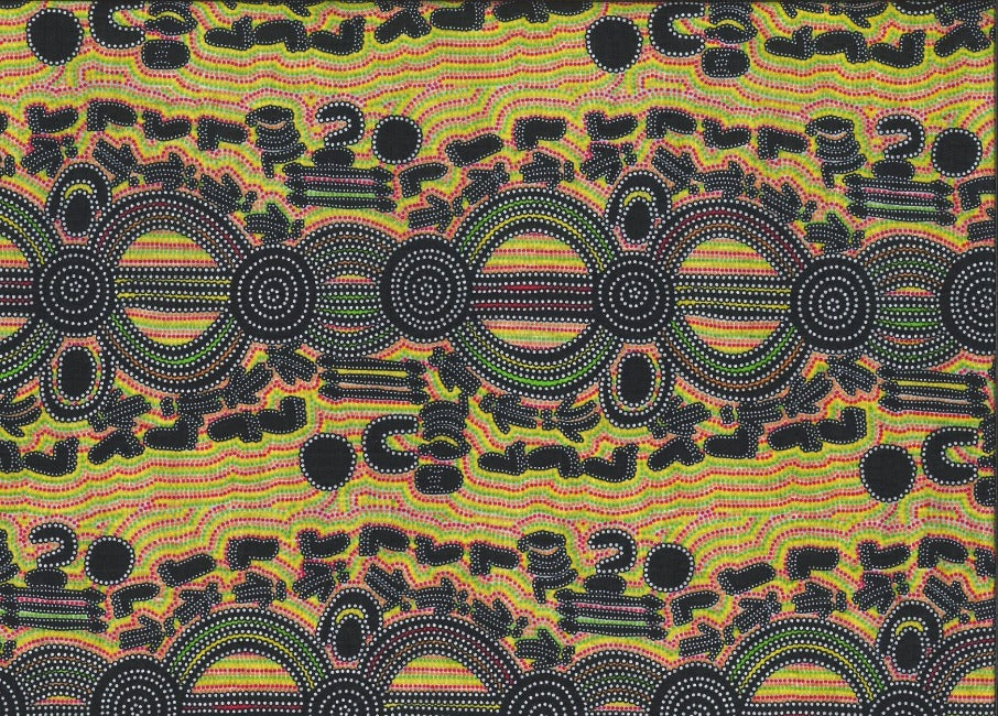 Rock Wallaby Dreaming green Australian fabric designed by Sandra Wayne is an entertaining design in lime green, orange and yellow, with black accents featuring Rock Wallaby and human footprints in black.
